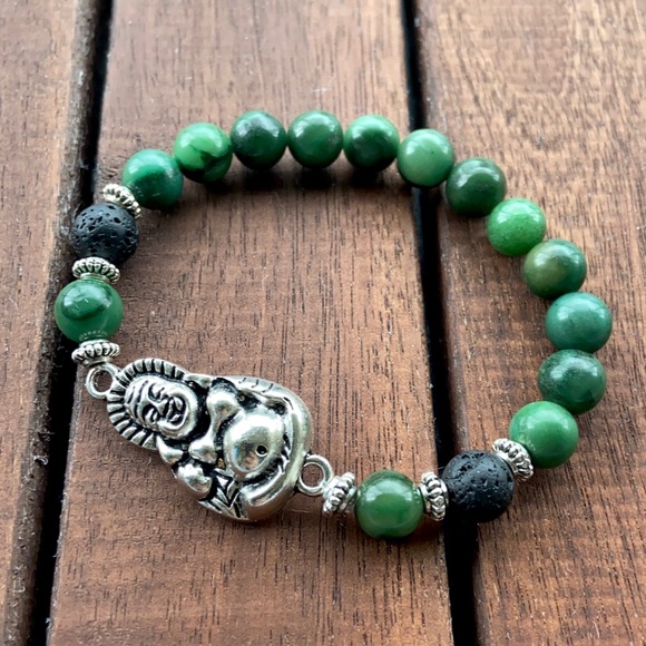 Silver buddha green agate lava rock bead bracelet - Picture 7 of 12